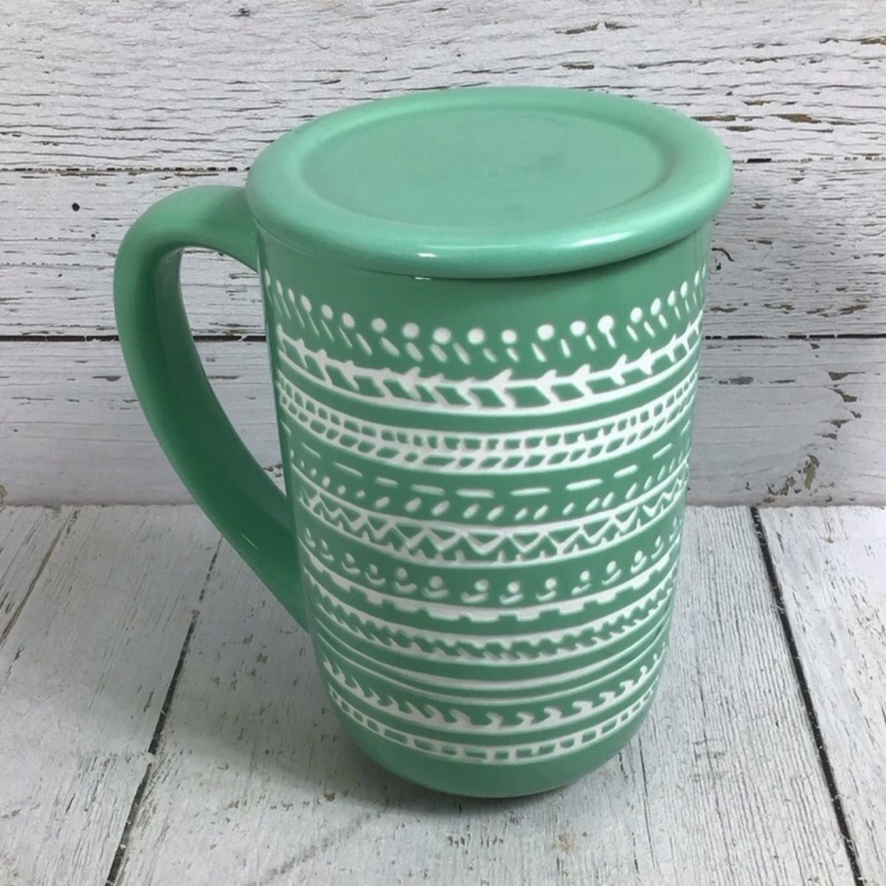 David’s Tea Nordic Mug with Lid Ceramic Stripe Geometry Deco Pattern Green​